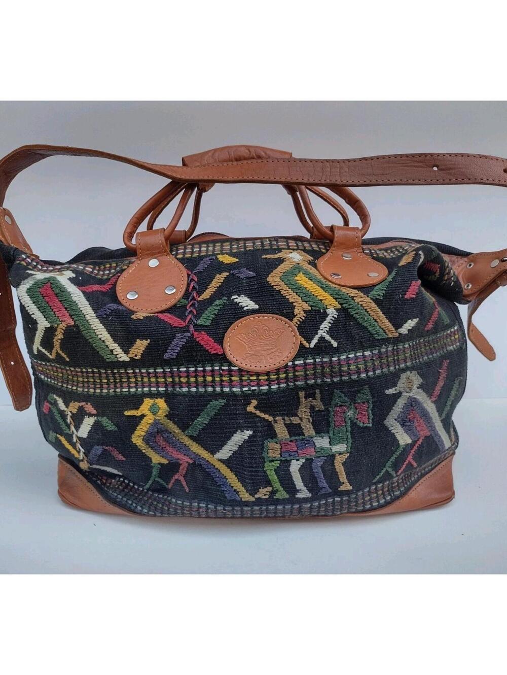 Vintage Kings Guatemala Handwoven Bird Motif Leather Travel Tote Bag